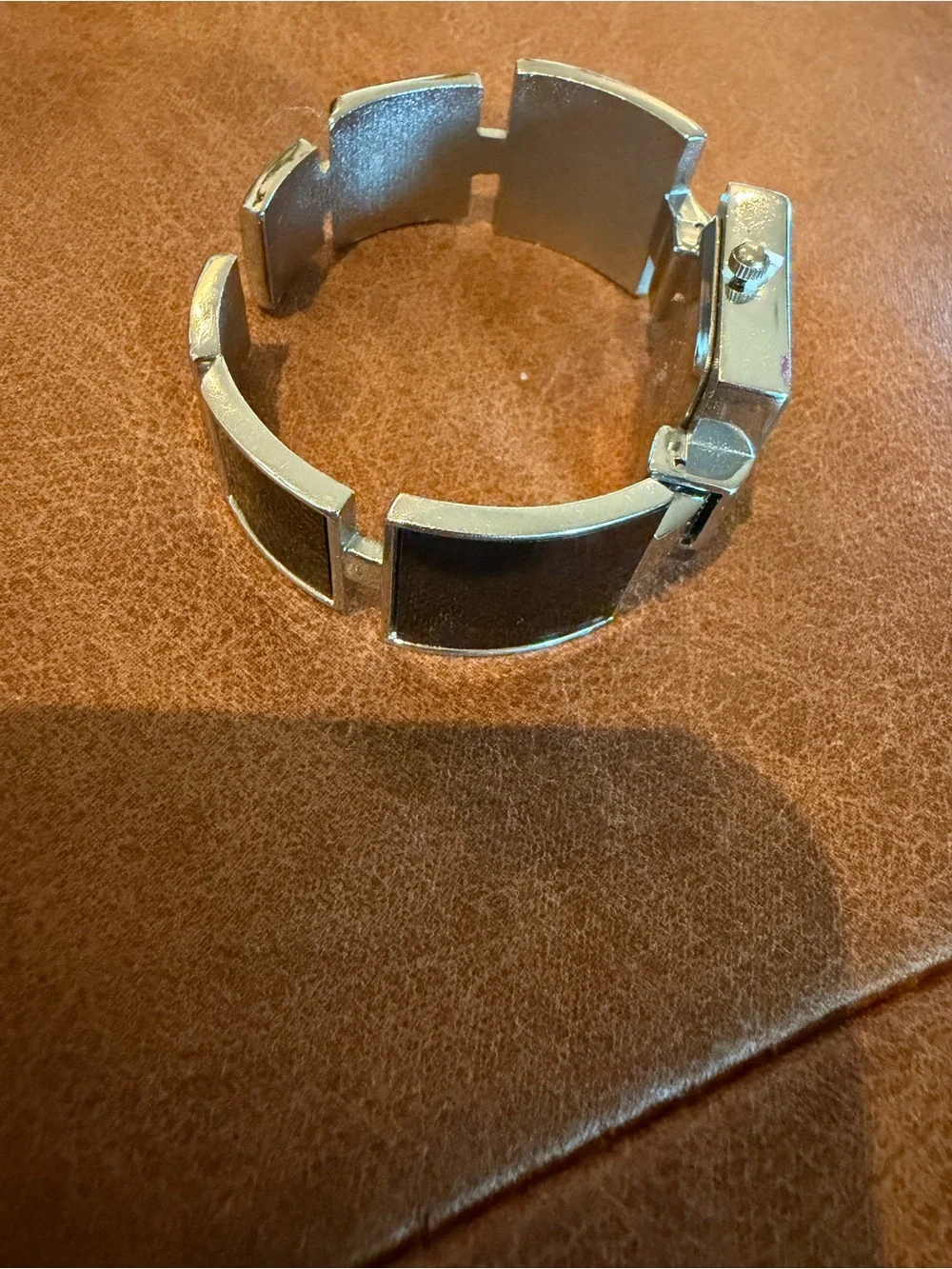 Vintage Narmi Square Statement Cuff Watch Silver & Black Hinged Bangle Bracelet